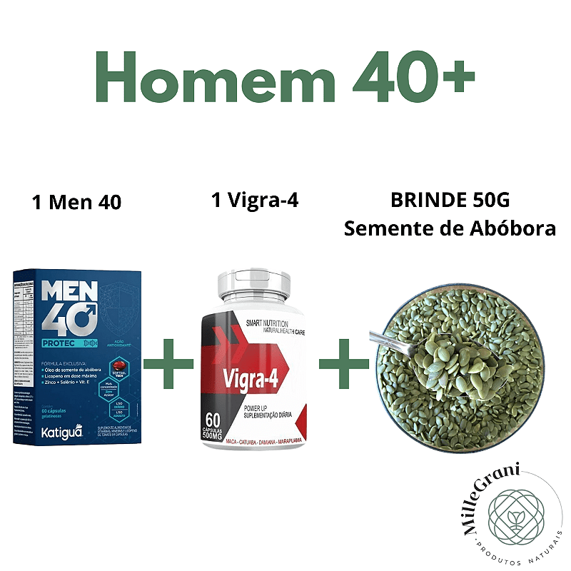 Kit Homem 40+, 1 Men 40 - 1 Vigra-4 Mais Energia, Vitalidade e Performance! — produto Mille Grani (imagem ilustrativa)