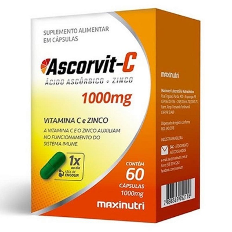 Vitamina C 1000 mg + Zinco – 60 Cápsulas – Imunidade, Antioxidante e Colágeno — produto Mille Grani (imagem ilustrativa)