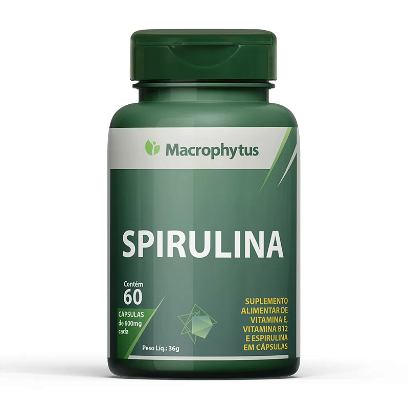 Spirulina 500 mg + Vitaminas E & B12 – 60 Cápsulas – Superalimento Nutritivo