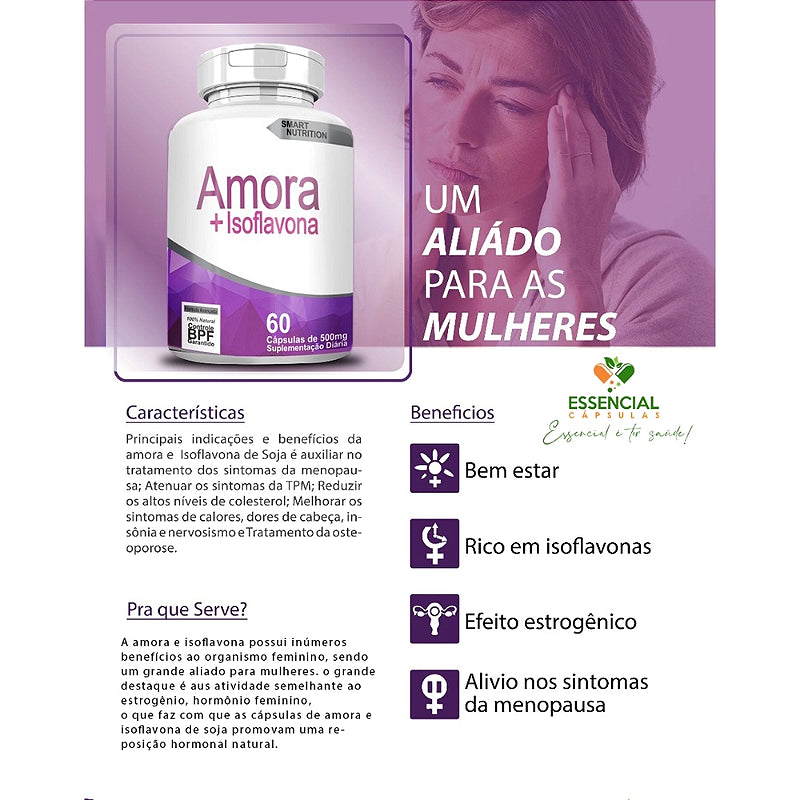 Amora + Isoflavona 500 mg – 60 Cápsulas – Equilíbrio Hormonal, TPM e Menopausa