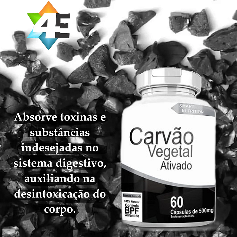 Carvão Vegetal Ativado 500 mg – 60 Cápsulas – Alívio de Inchaço, Gases e Digestão