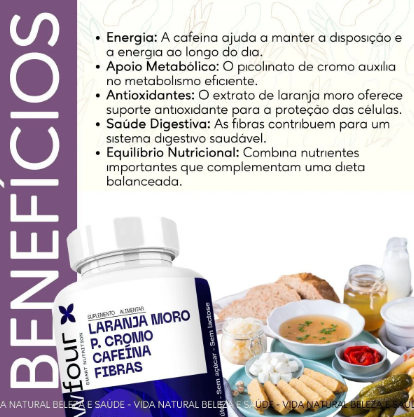 Laranja Moro + Cromo + Cafeína + Fibras 500 mg – 60 Cápsulas – Energia, Metabolismo e Saciedade