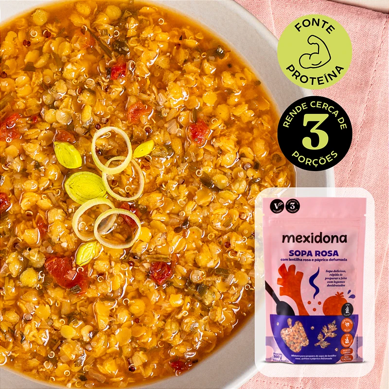 Sopa Rosa (lentilha e páprica defumada) 160g Mexidona - Proteína, Sabor e Praticidade em Uma Só Colherada!