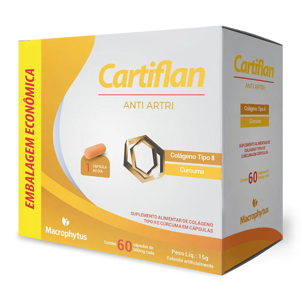 Cartiflan Anti‑Artri 500 mg – 60 Cápsulas – Cúrcuma + Colágeno Tipo II para Conforto Articular