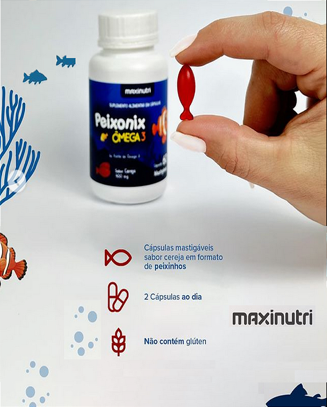 Peixonix Ômega 3 400 mg – 60 Cápsulas Mastigáveis Sabor Cereja | Suplemento Divertido e Saudável
