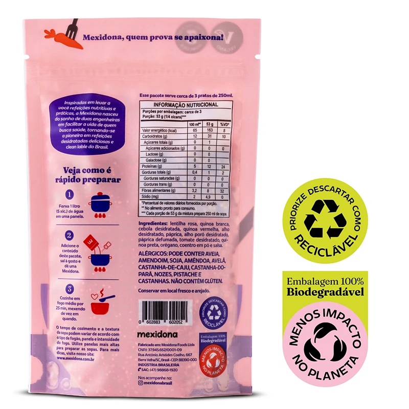 Sopa Rosa (lentilha e páprica defumada) 160g Mexidona - Proteína, Sabor e Praticidade em Uma Só Colherada!
