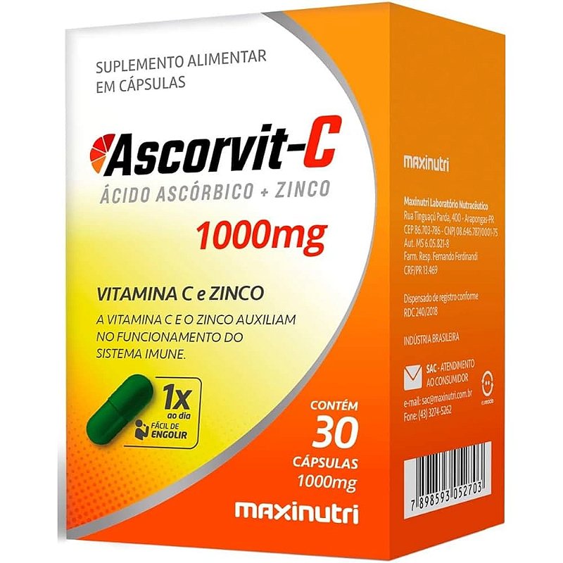 Vitamina C 1000 mg + Zinco – 30 Cápsulas – Imunidade, Antioxidante e Colágeno
