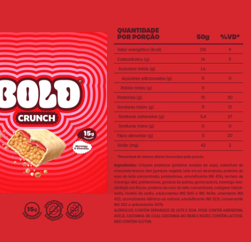 Barra de Proteína Crunch Sabor Morango e Chantilly Bold 50g – Sabor Delicioso e Alta Performance