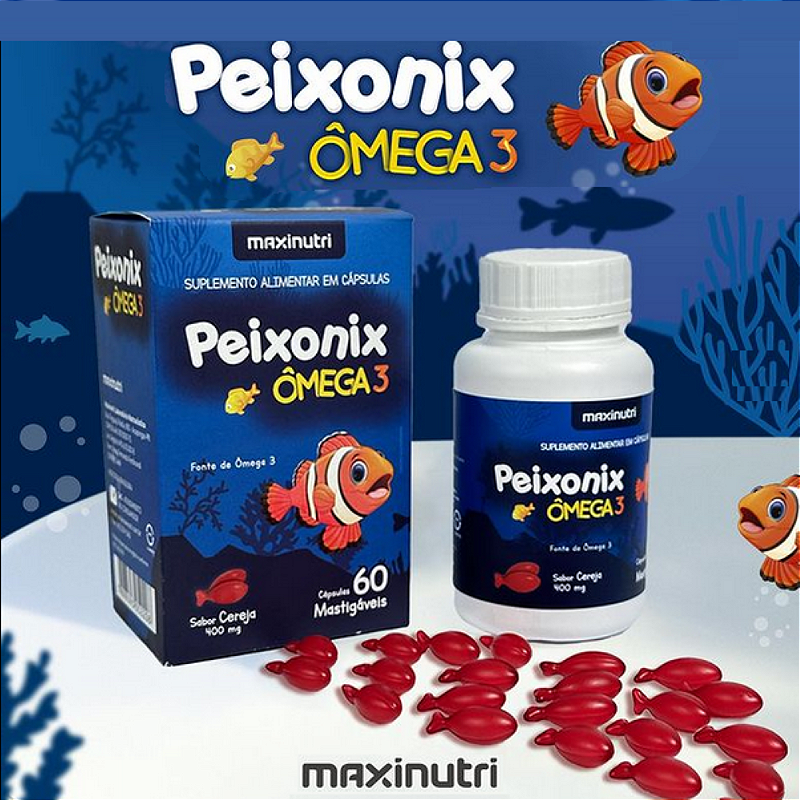 Peixonix Ômega 3 400 mg – 60 Cápsulas Mastigáveis Sabor Cereja | Suplemento Divertido e Saudável