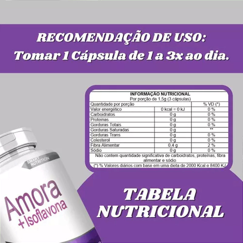 Amora + Isoflavona 500 mg – 60 Cápsulas – Equilíbrio Hormonal, TPM e Menopausa