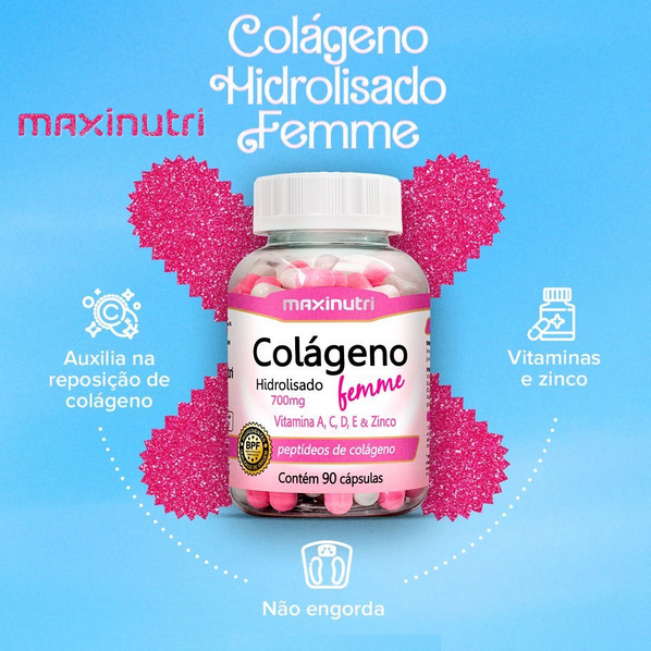 Colágeno Hidrolisado Femme 700 mg – 90 Cápsulas – Firmeza para Pele, Cabelos e Unhas