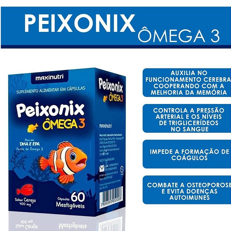 Peixonix Ômega 3 400 mg – 60 Cápsulas Mastigáveis Sabor Cereja | Suplemento Divertido e Saudável