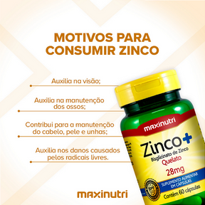 Zinco Quelato 28 mg – 60 Cápsulas – Imunidade, Pele, Cabelo e Energia